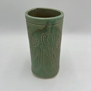 Tulip green studio pottery Asian inspired stamp signed spring vase